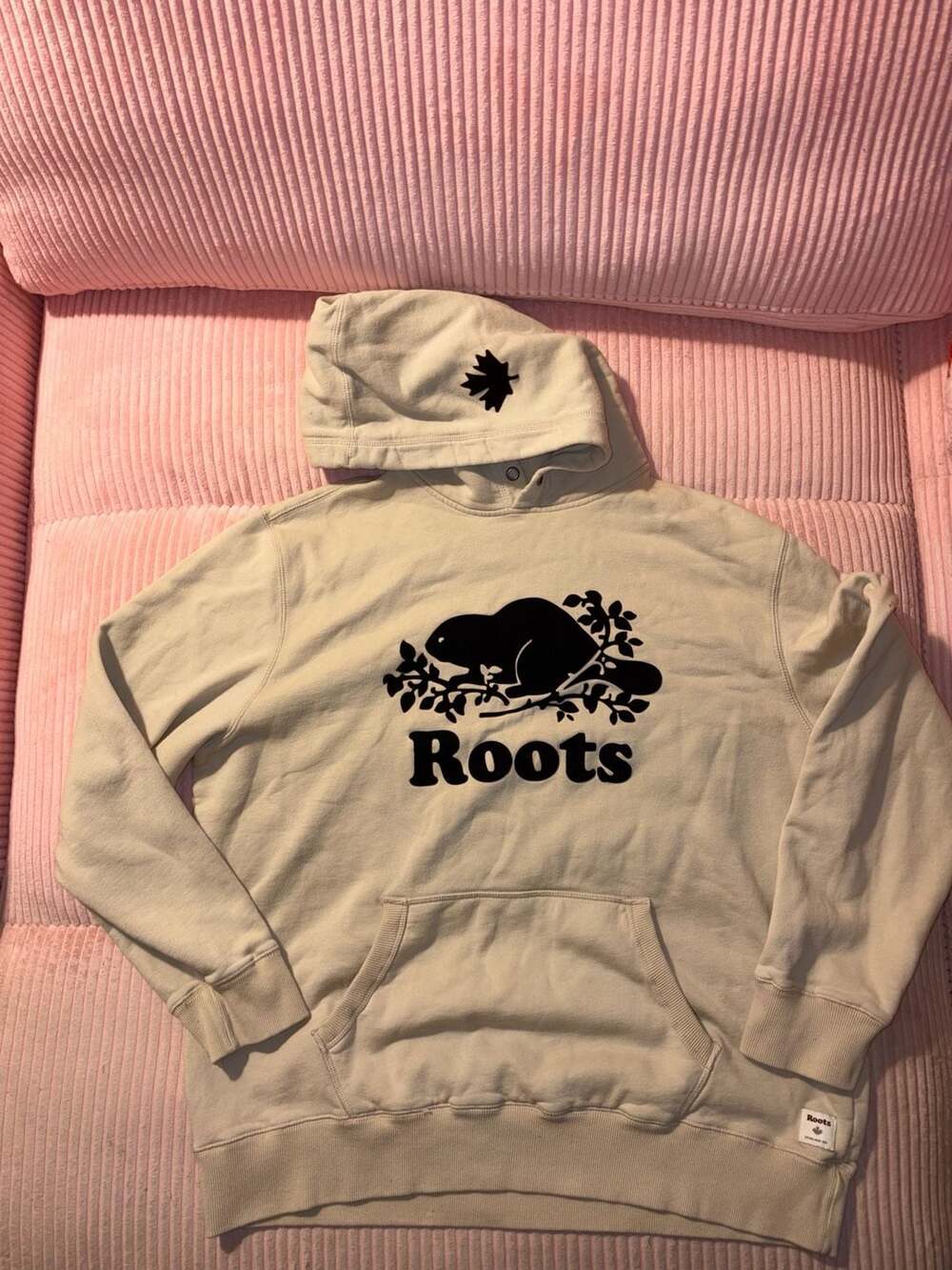 Roots Canada Beige Pullover Hoodie with Beaver Logo and Maple Leaf Hood Size XL